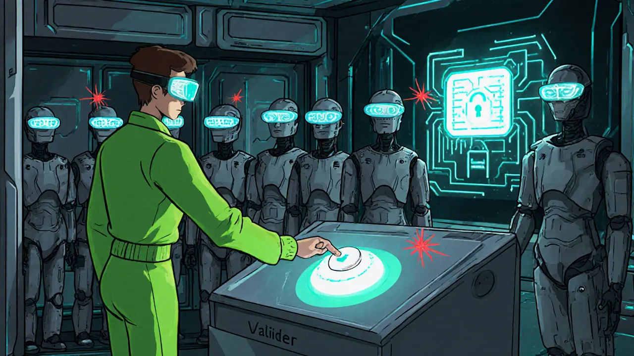User presses a button as robot validators sign off on a locked digital transfer.