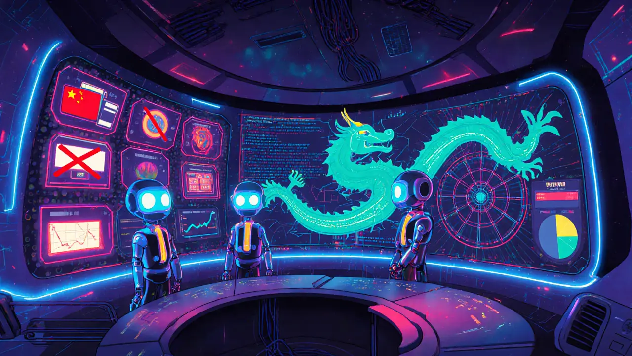 Animated robot monitors flag crypto wallet icons on glowing screens in a futuristic control room.