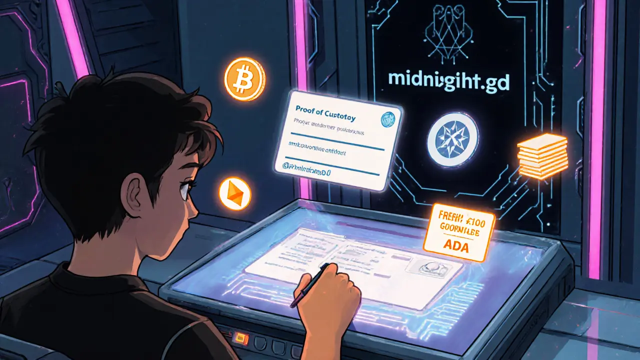 Avatar signing a message on a holographic terminal, showing proof of custody and fresh Cardano address icons.