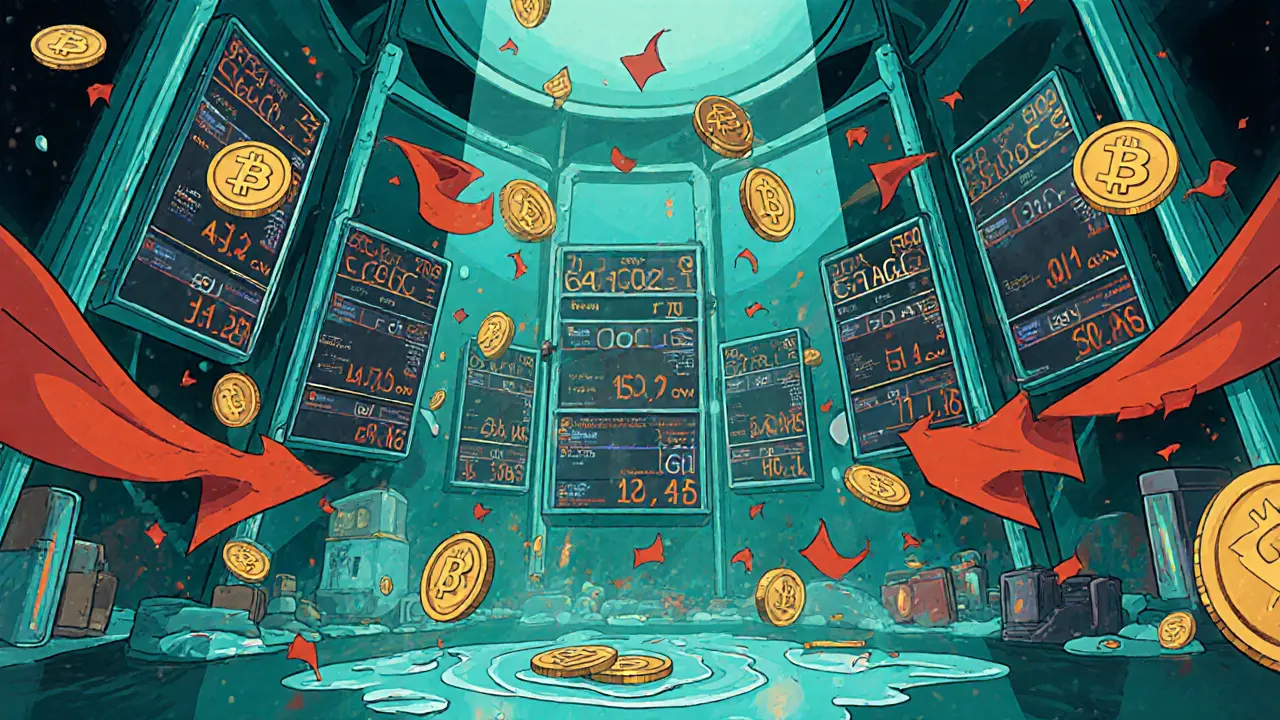 Chaotic retro‑futuristic trading floor with conflicting GOGLZ price boards and red flags.