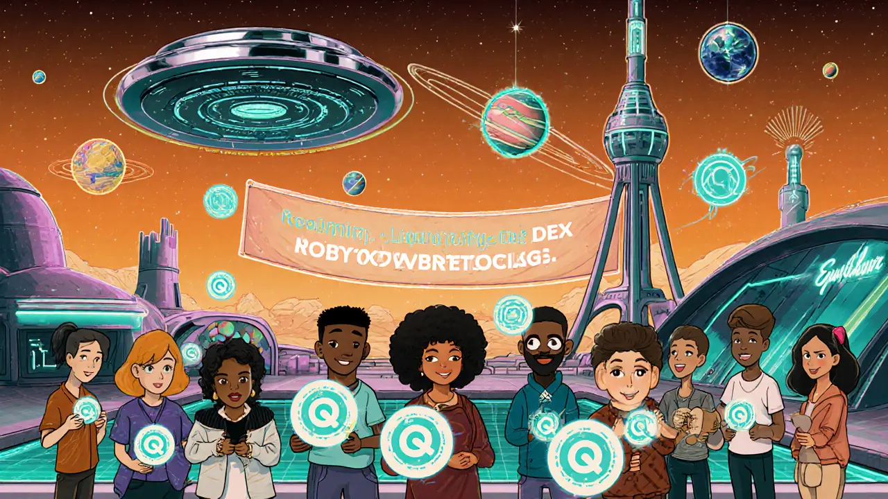 Community members hold EQ orbs while futuristic DeFi hub displays DEX and xDOT staking towers.