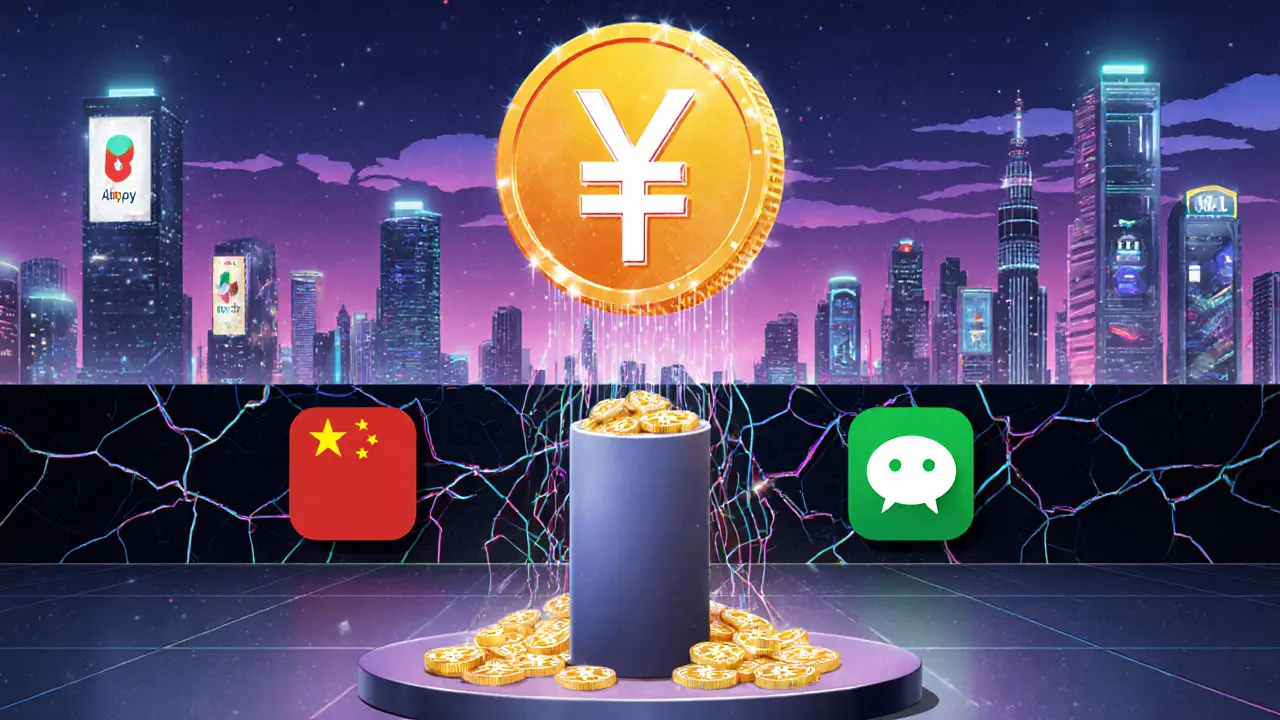 Digital yuan coin hovers above plaza, Alipay/WeChat portal distributes e‑CNY, crypto symbols broken.