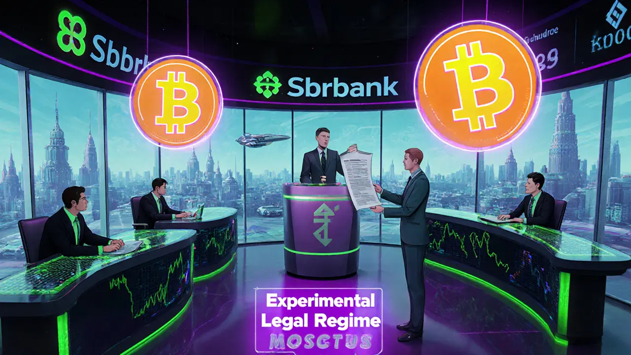 Elite investors at holographic desks trade Bitcoin futures under Sberbank and Moscow Exchange signs.