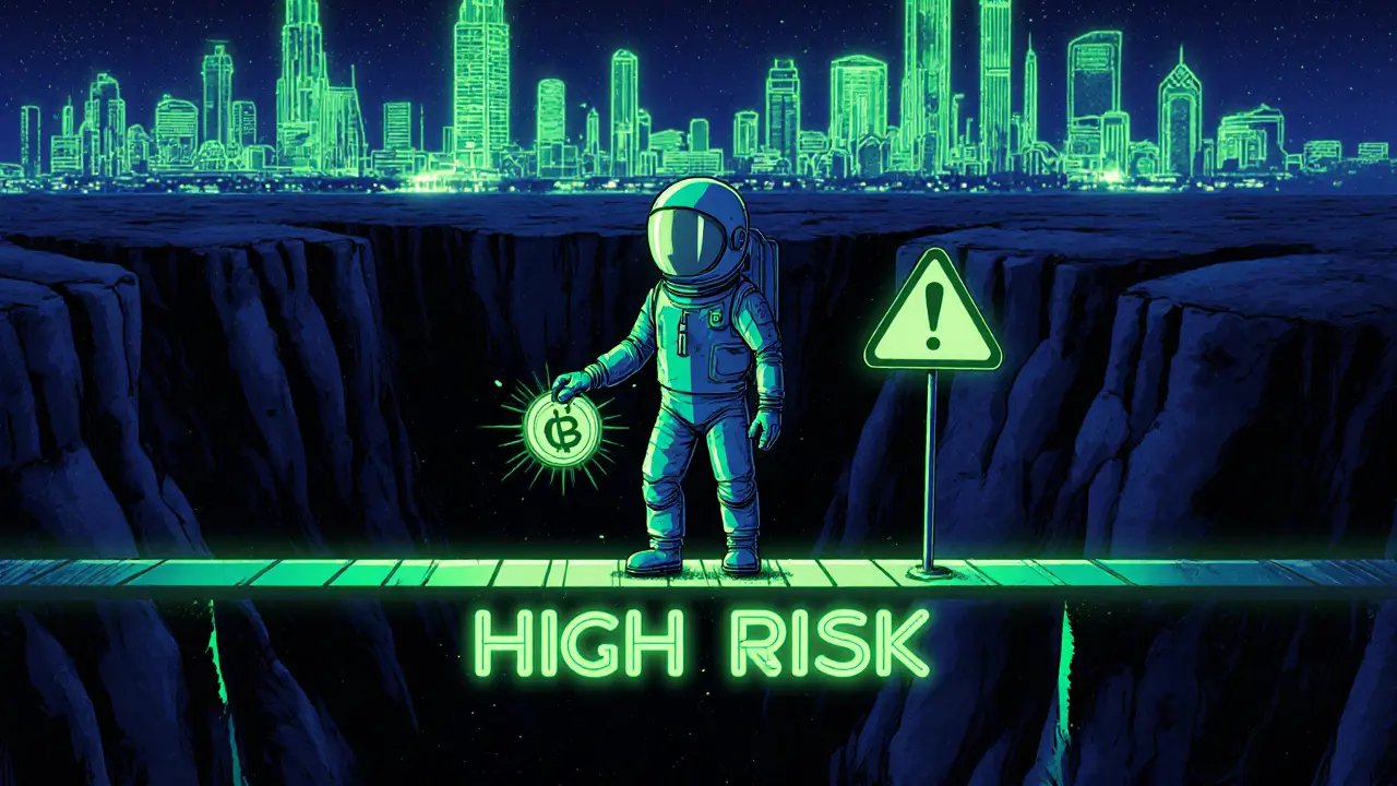 Explorer on a glowing bridge over a dark abyss holding a GOGLZ token, city lights behind.