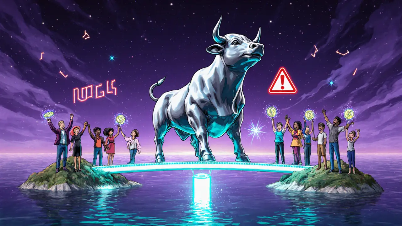 Futuristic bull statue on a glowing bridge with celebrants holding sparkling BULL tokens.