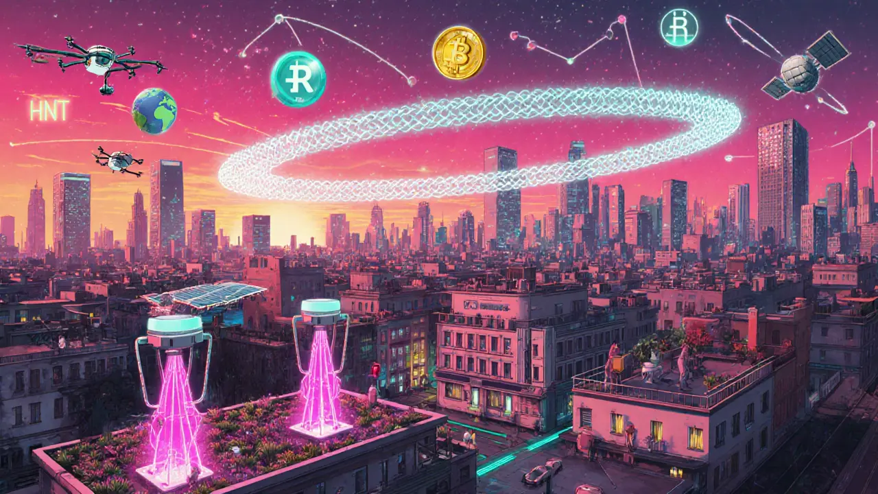 Futuristic city with drones delivering solar units, EV chargers, and floating token icons.