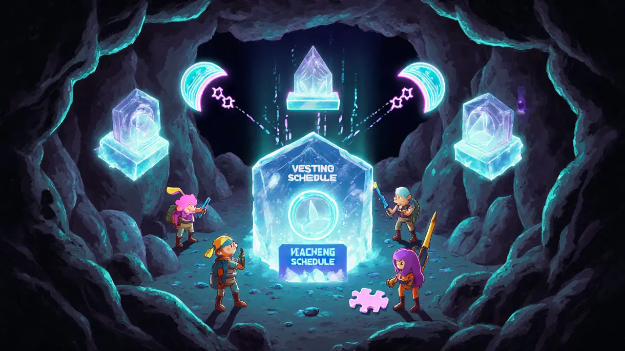 Futuristic mine cavern with glowing NIGHT tokens and characters solving holo‑puzzles for vesting tranches.