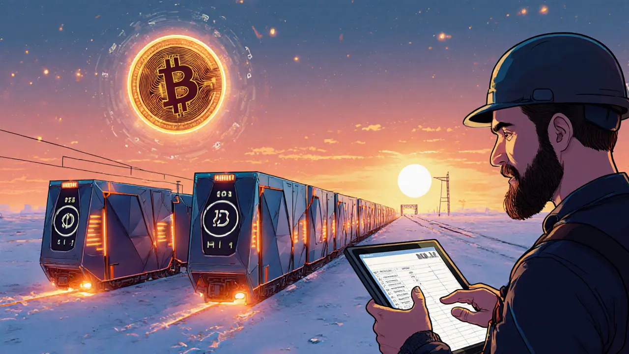Futuristic mining farm with neon rigs, a crypto‑laden train, and a floating digital ruble coin.