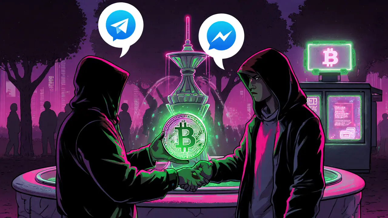 Hooded trader hands a Bitcoin token to a buyer in a neon-lit park.
