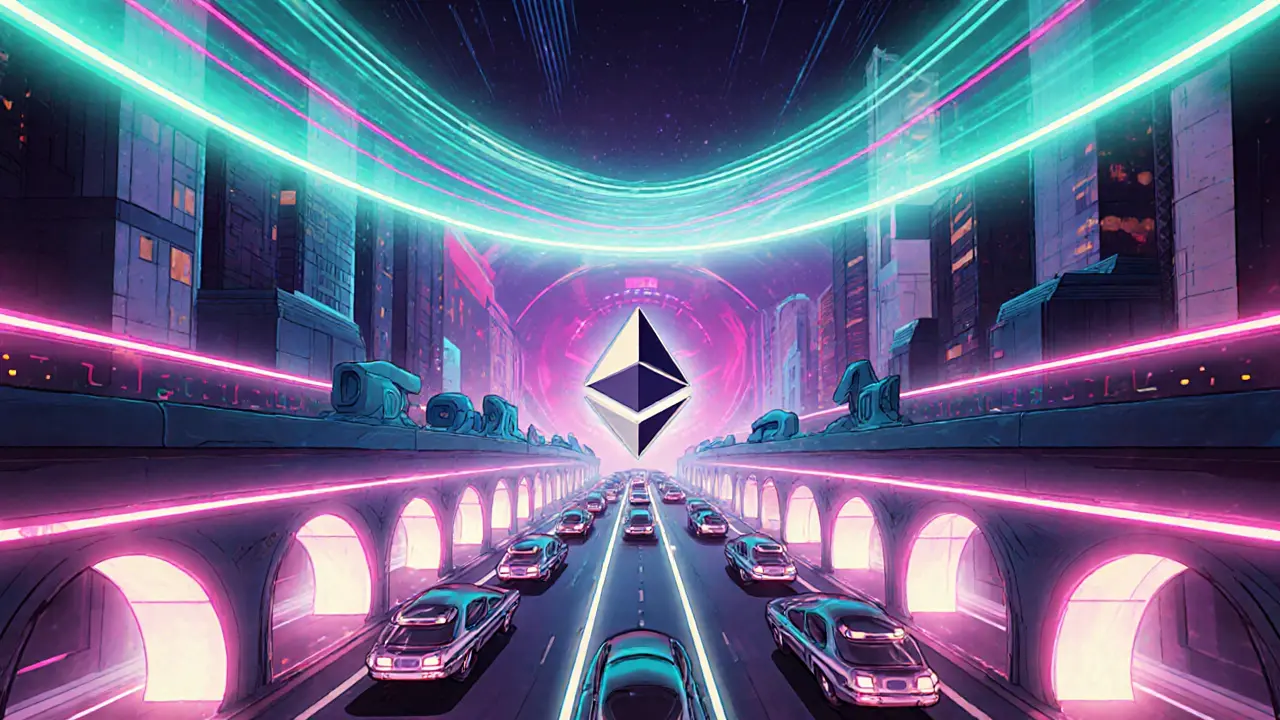 Neon skyway showing Optimism rollup traffic and a glowing adaptive curve wave.