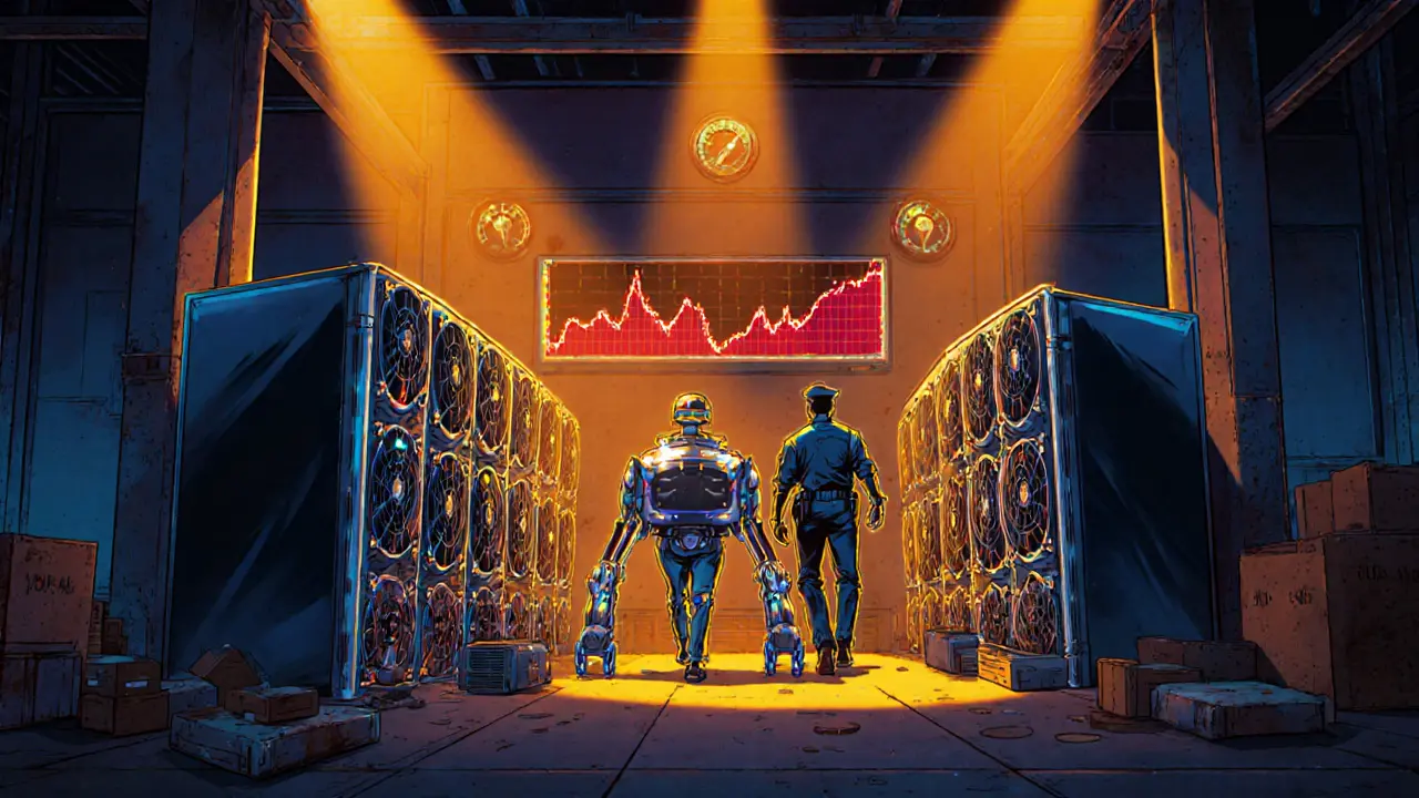 Police raid a warehouse, seizing bright retro ASIC mining rigs with power meters flashing.
