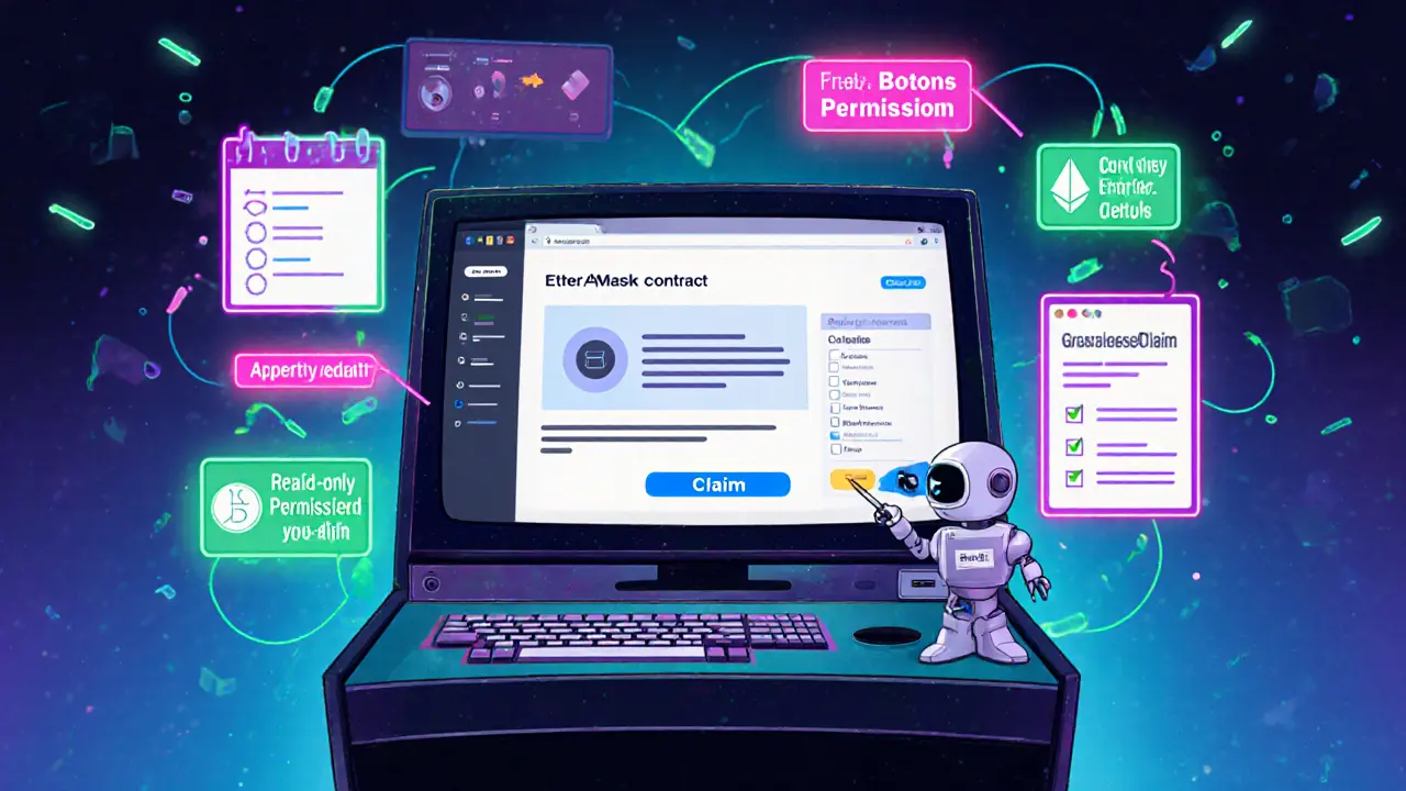 Retro computer screen shows MetaMask, Etherscan, and a claim button with a robot guide.