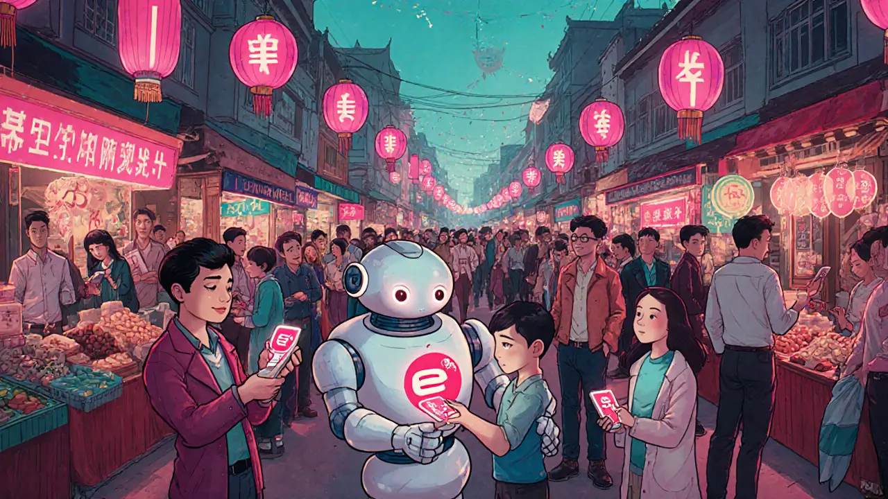 Retro‑futuristic market where people use digital yuan wallets on glowing devices.