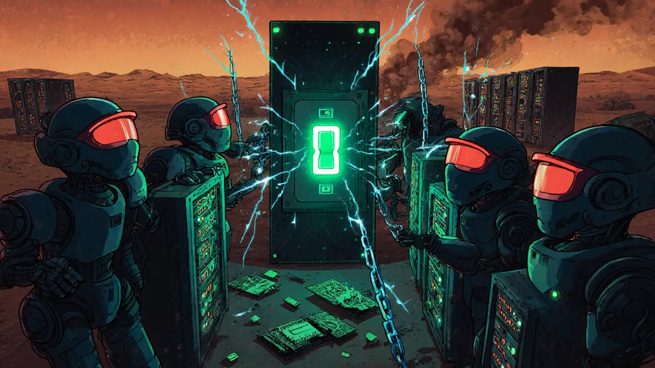 Retro‑futuristic police robots shutting down a crypto mining farm with broken rigs.