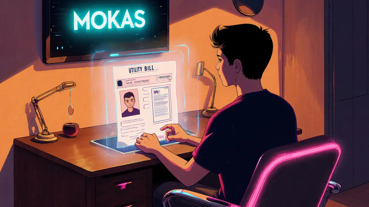 Retro‑futuristic room showing a person completing KYC using holographic ID and selfie panels.