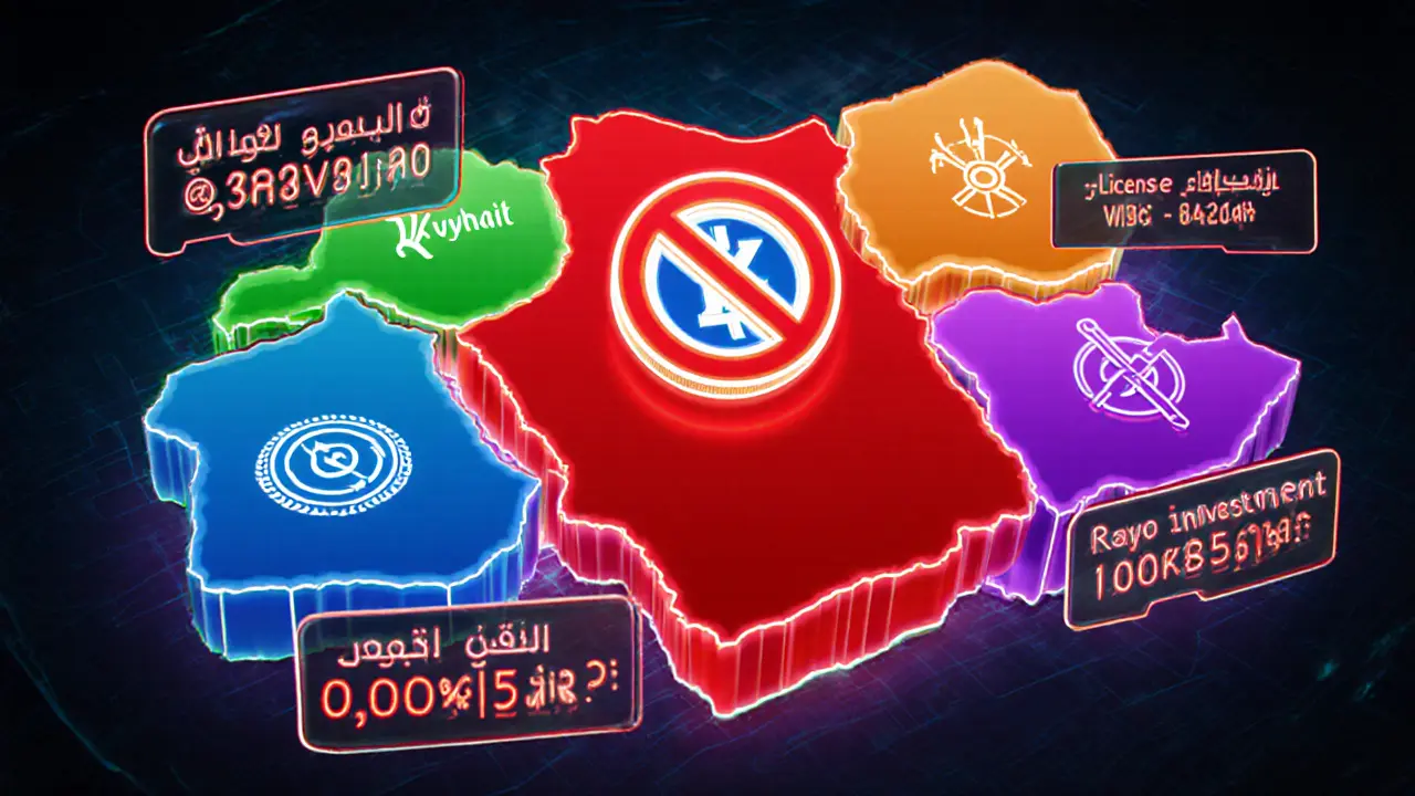 Retro holographic map of Gulf showing Kuwait&#039;s crypto ban versus neighbors&#039; licenses.