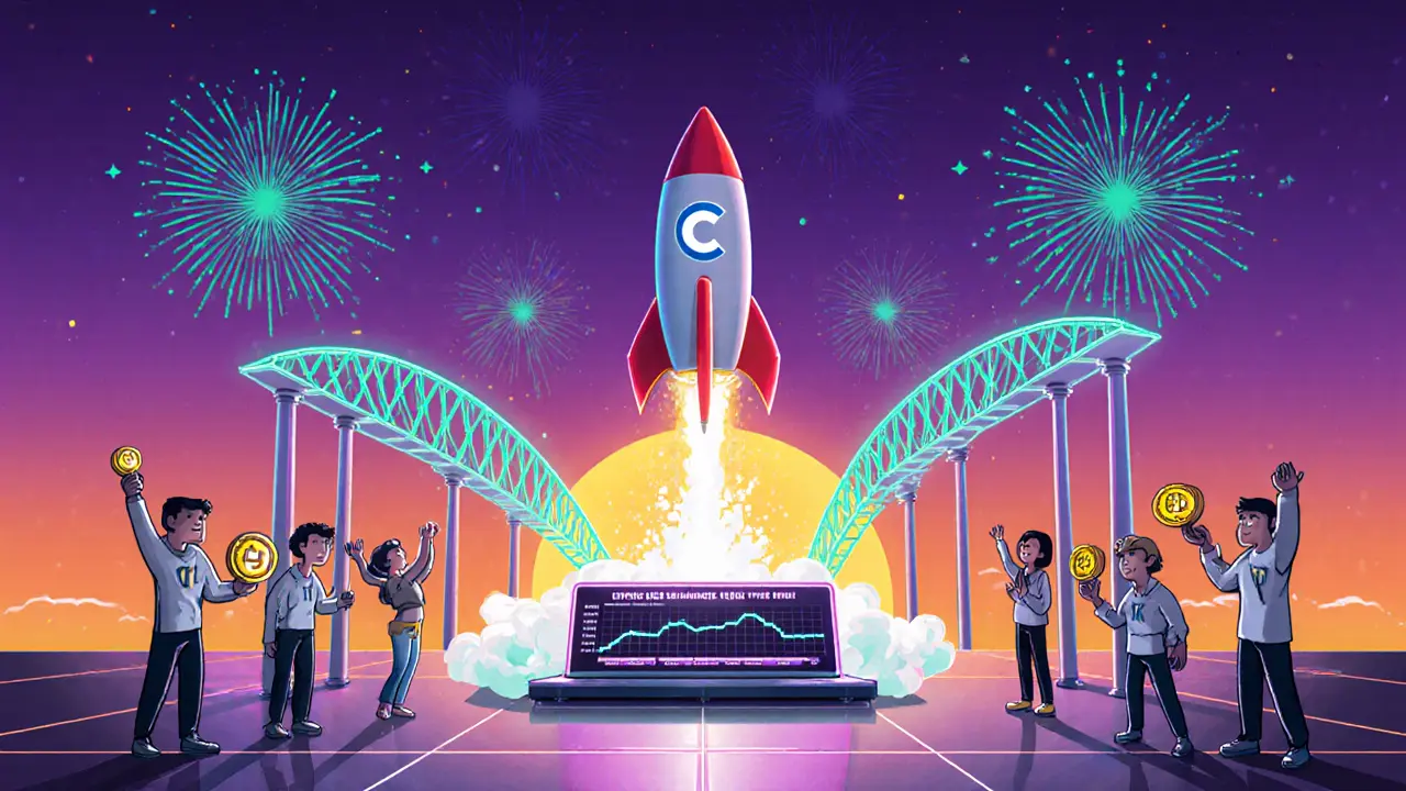 Rocket labeled Curve Warp launches from a futuristic pad with cheering DeFi users.