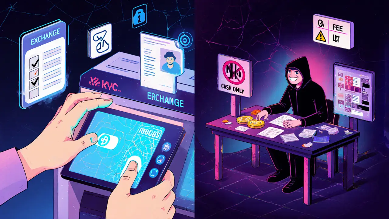 Side‑by‑side safe exchange kiosk with ID scan and risky shady table.