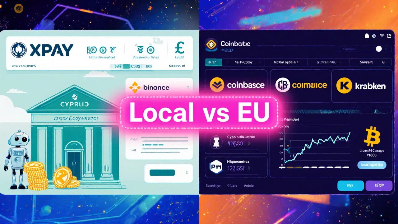 Split illustration comparing a local Cypriot exchange with a Greek UI and an EU‑wide platform with multiple logos.