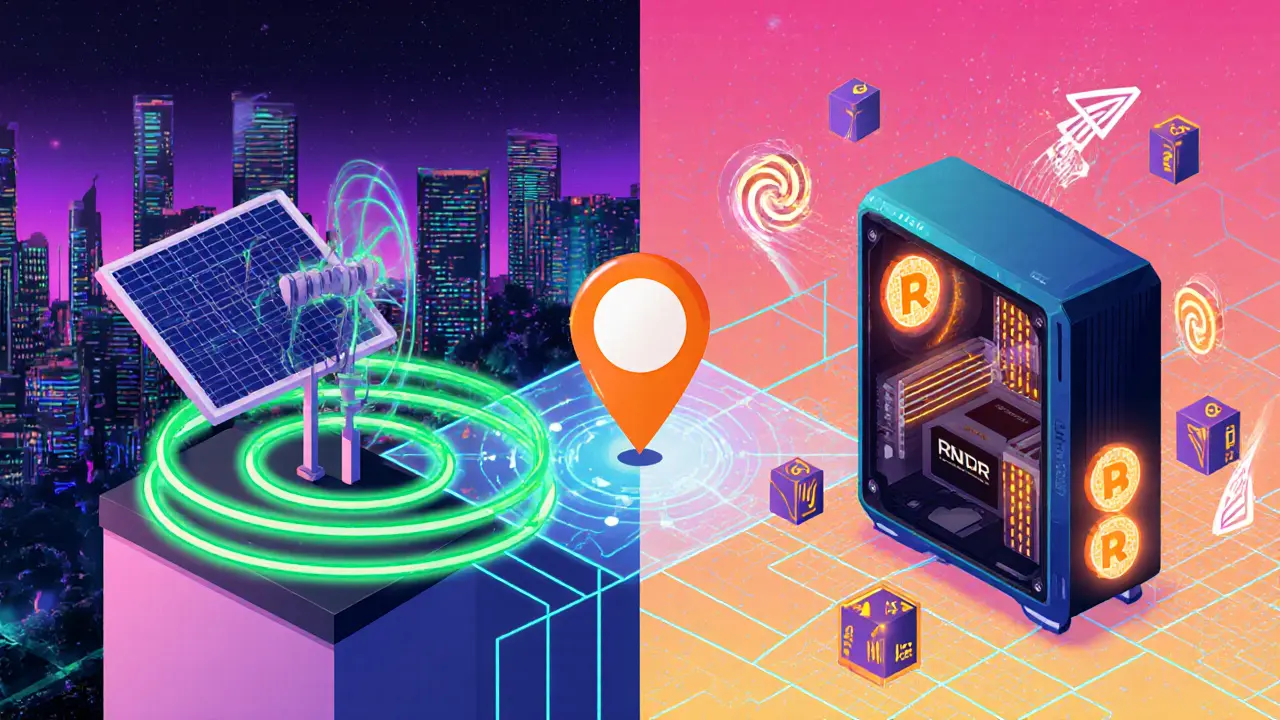 Split illustration of rooftop hotspot with solar panels versus GPU rig with data cubes.