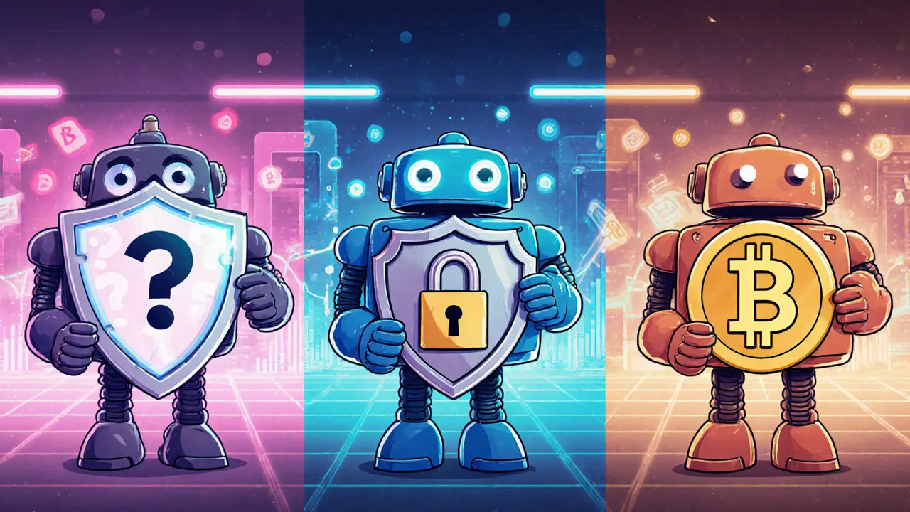 Three robot figures symbolize HB.top, Kraken, and Binance with shields showing security icons.