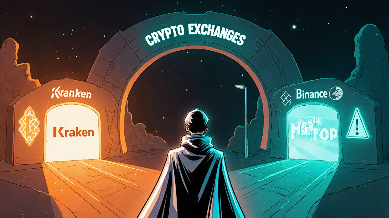 Traveler at a glowing crossroads chooses between bright exchange portals and a dim HB.top tunnel.