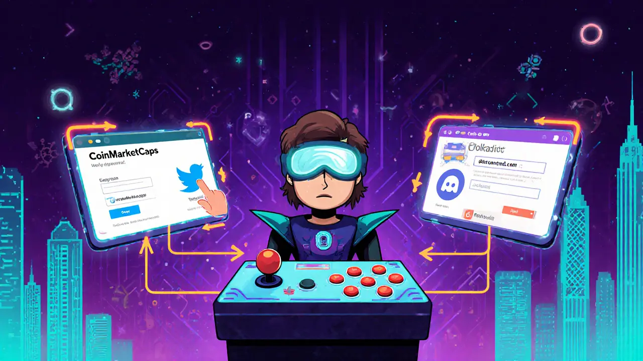 User avatar completes CoinMarketCap login, social tasks, and wallet entry on retro holographic screens.