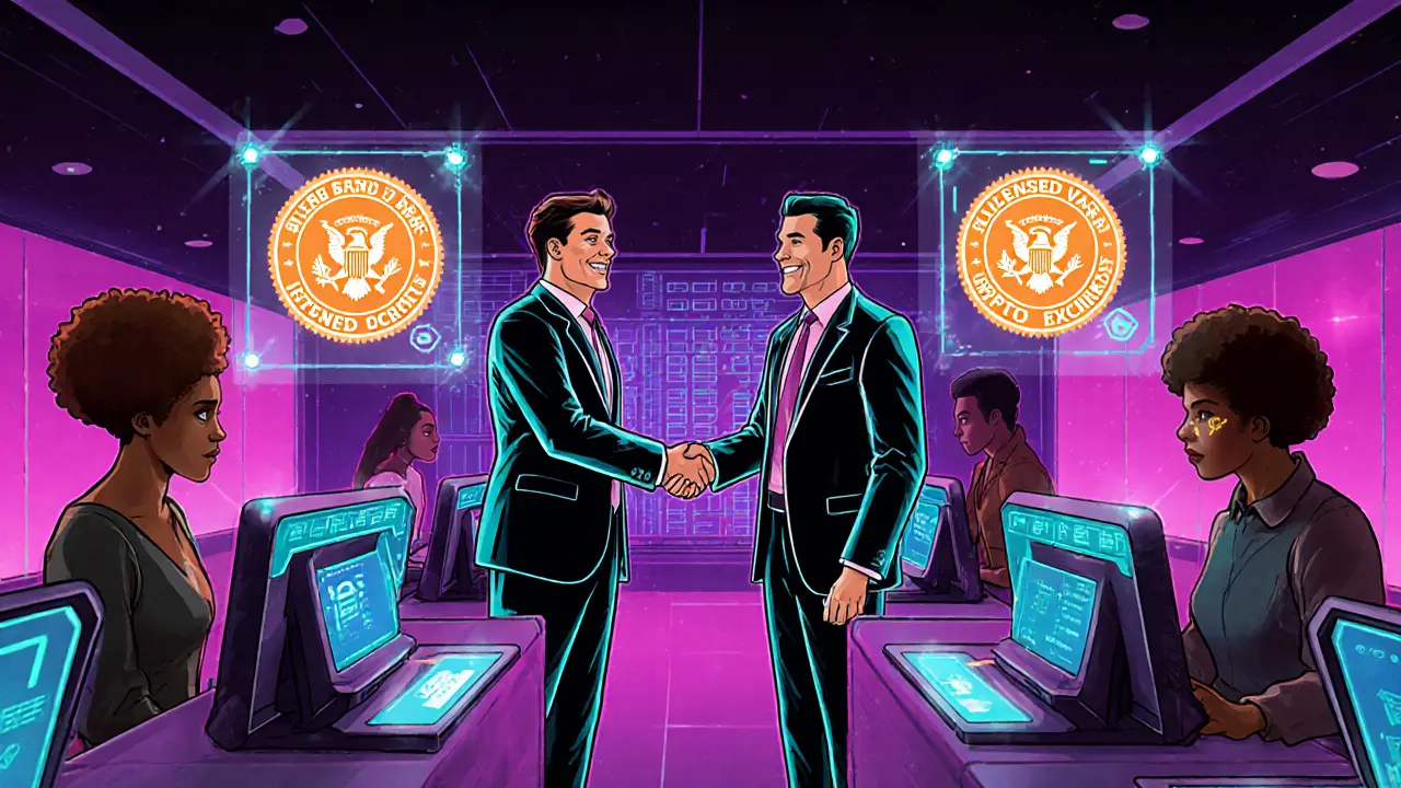 2023 reversal showing bank manager shaking hands with crypto exchange rep.