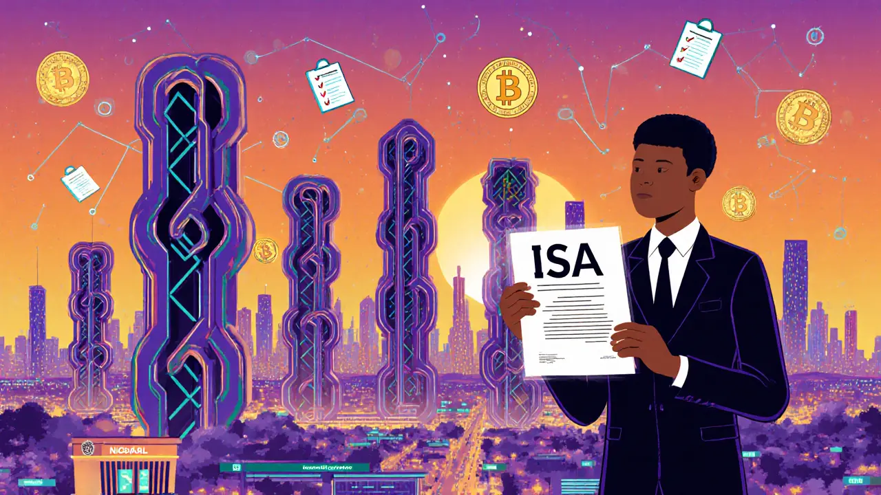 2025 ISA milestone with futuristic city and floating digital asset icons.