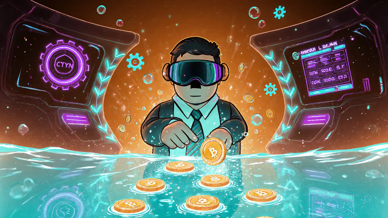 Cartoon investor deposits glowing CTYN tokens into a radiant staking pool.