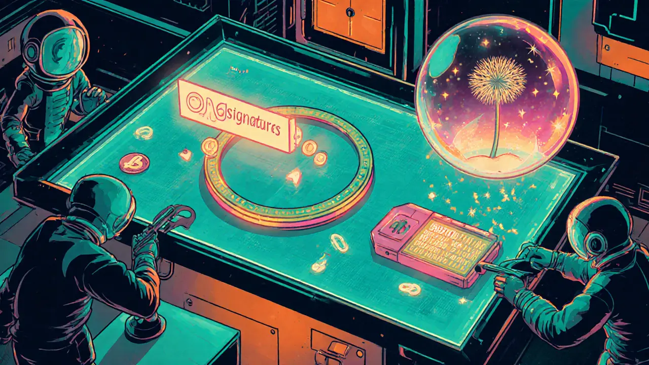 Cartoon workshop with ring signatures, stealth address, RingCT, zk‑SNARKs, and Dandelion++ icons.