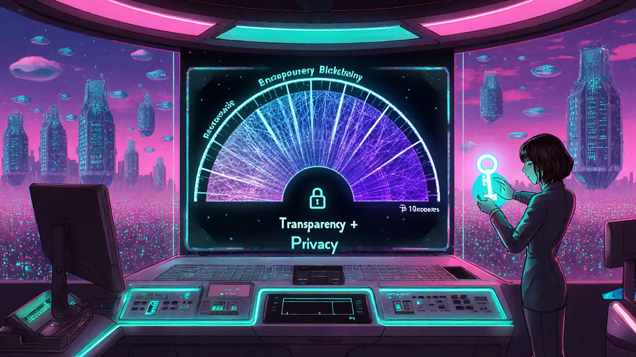 Control room where developers adjust a holographic transparency‑privacy spectrum on a blockchain.