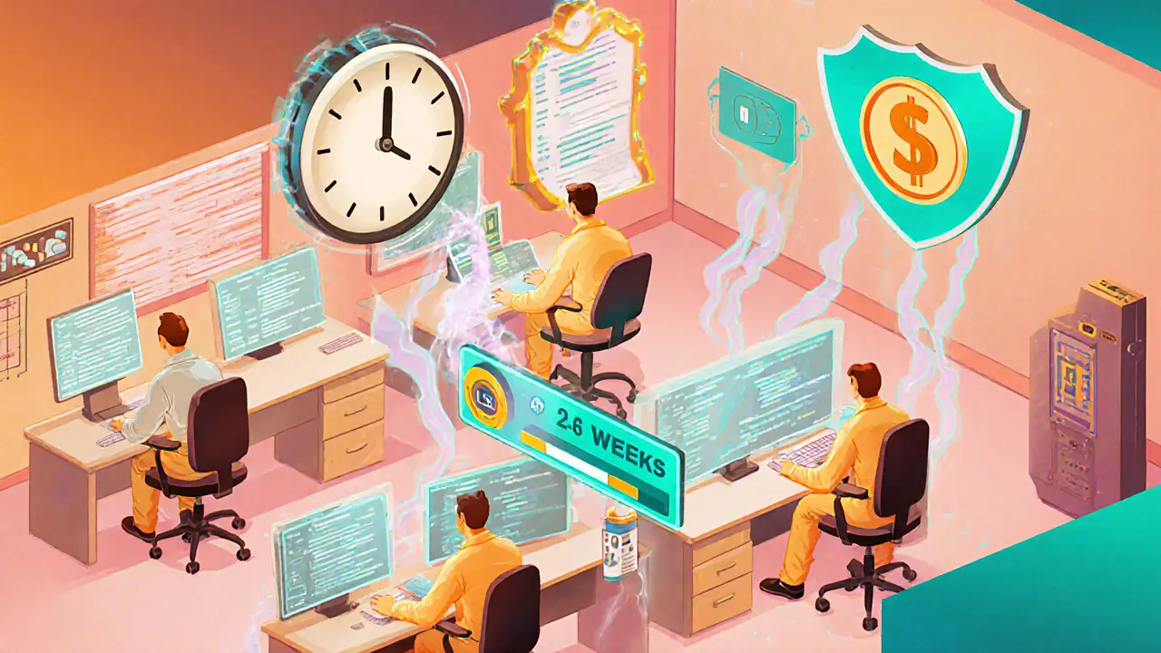 Developers at holographic consoles with icons for speed, cost, and compliance in a retro‑futuristic office.