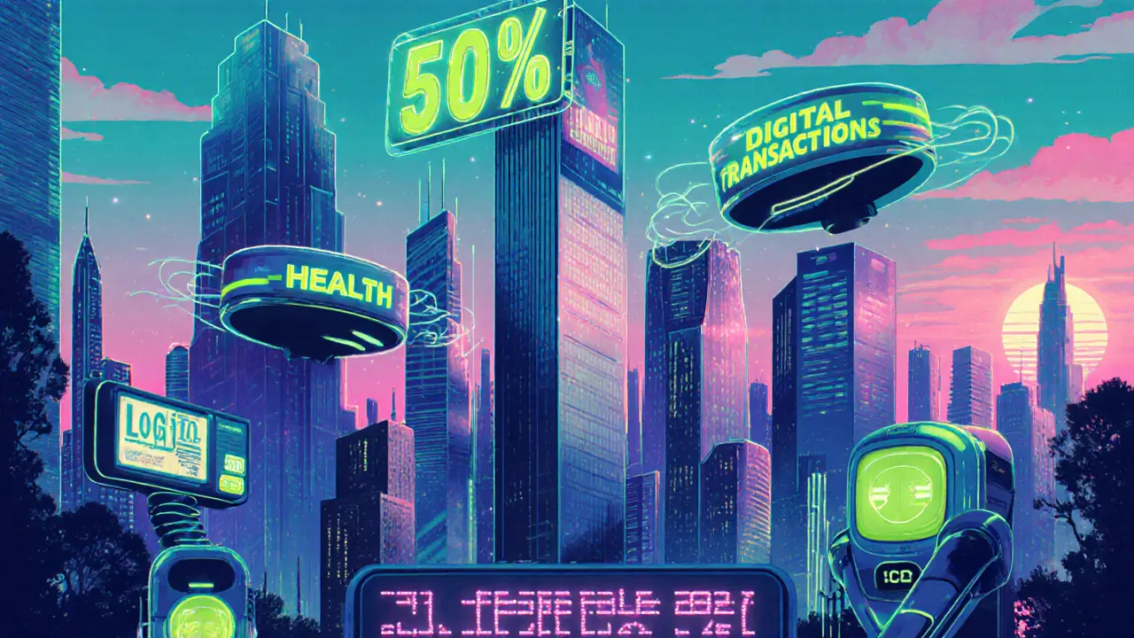 Futuristic city with AI robots and vertical‑specific fintech pods under a neon billboard about 55% transactions.