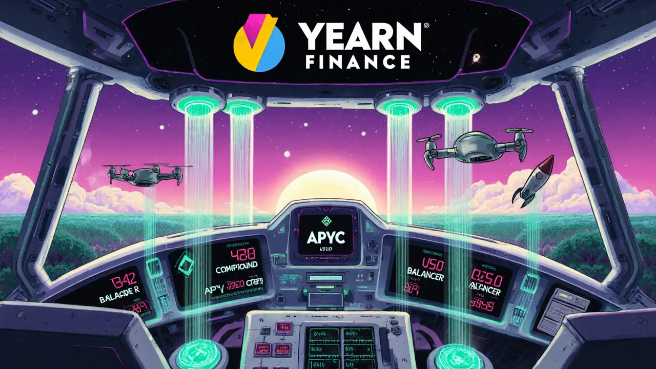 Futuristic control hub directs token streams to multiple DeFi platforms, with Yearn logo central.