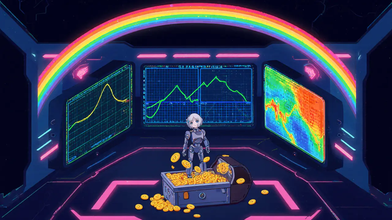 Futuristic control room showing Ref Finance pool types, staking, and a rainbow bridge.