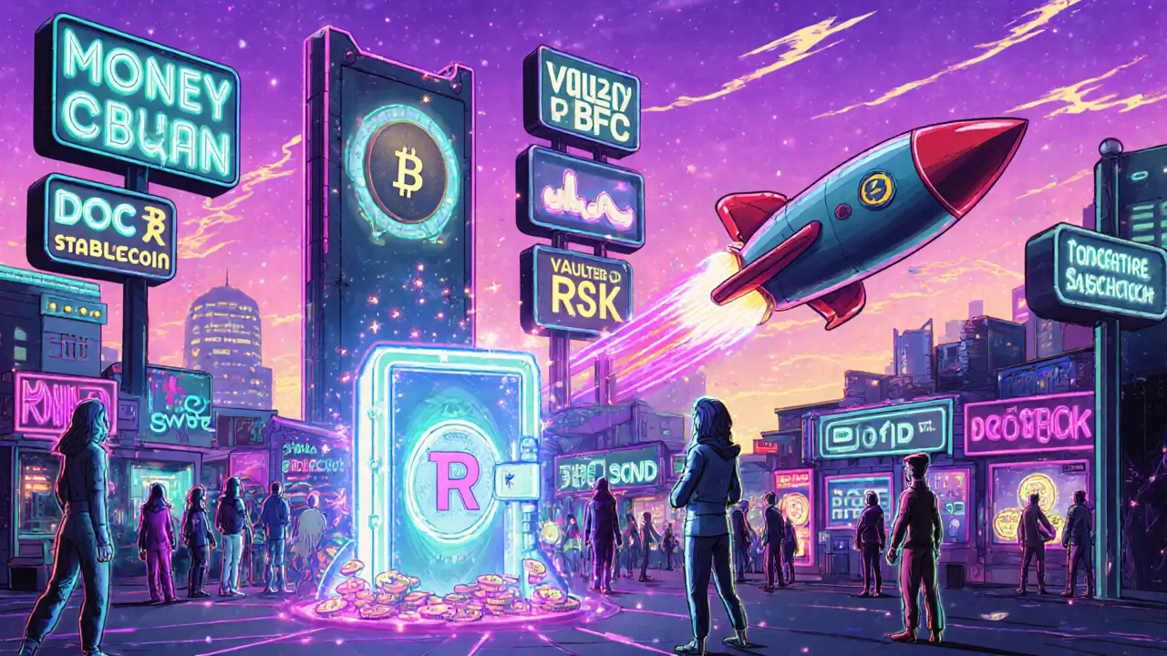 Futuristic market plaza showing rBTC DeFi apps, Vaulted rBTC, and Turbo Rootstock rocket.