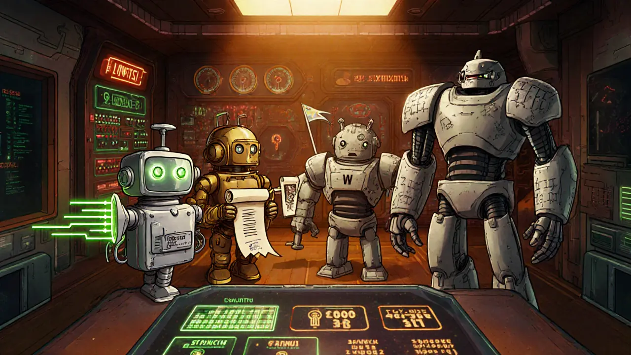 Retro lab with robot characters representing four quantum‑resistant algorithms.