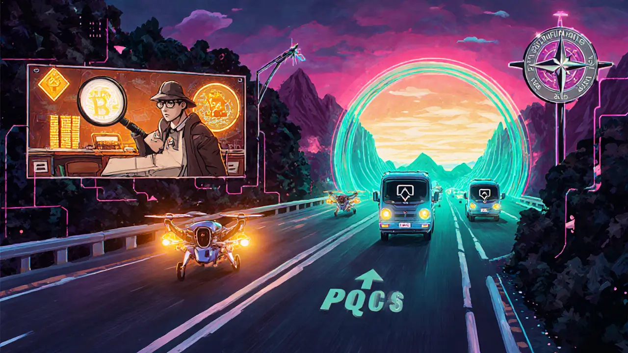 Road‑map mural showing three phases of blockchain migration to quantum‑safe cryptography.