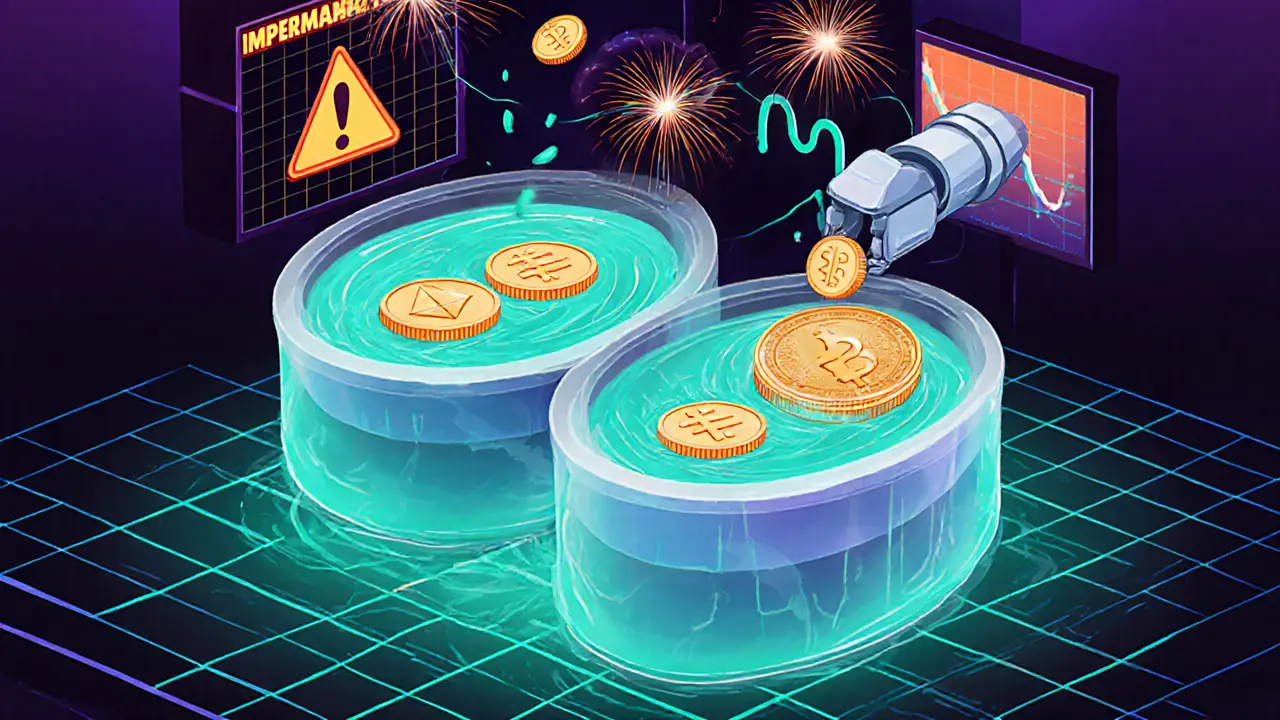 Robotic arm adds ETH and USDT to a glowing pool, fee coins and token fireworks surround it.