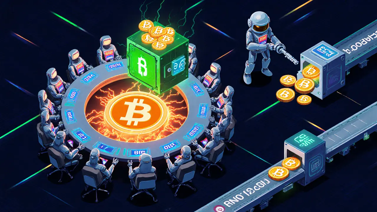 Robotic federation minting rBTC from locked Bitcoin, with merged‑mining rigs.