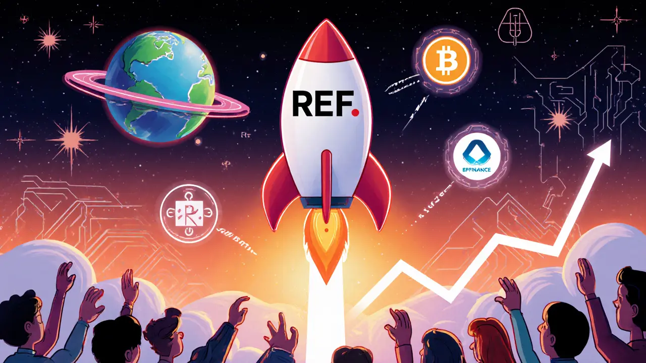 Rocket labeled REF and Rhea Finance launching toward a NEAR planet with roadmap icons.