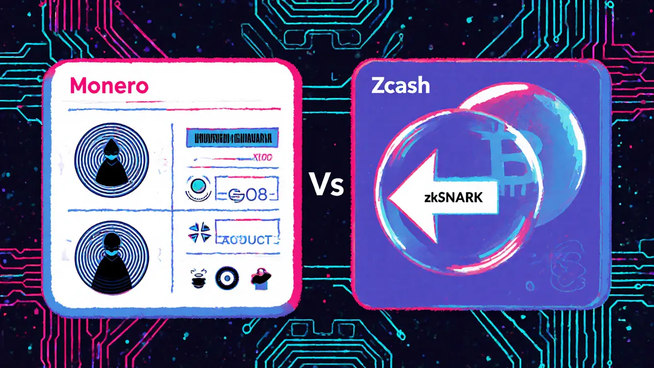Side‑by‑side cartoon of Monero ring signatures and Zcash zk‑SNARK shielded transaction.