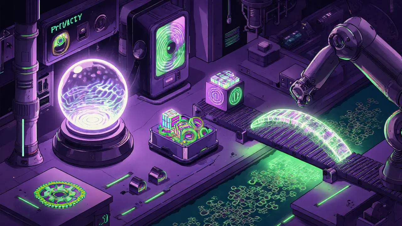 Workshop of futuristic gadgets representing zero‑knowledge proofs, ring signatures, and homomorphic encryption.