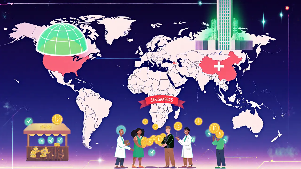 World map showing Singapore and Swiss sandboxes, US ban, and P2P trading zones.