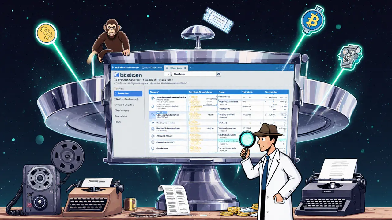 A giant Etherscan radar dish with holographic NFTs and a detective examining transaction history.