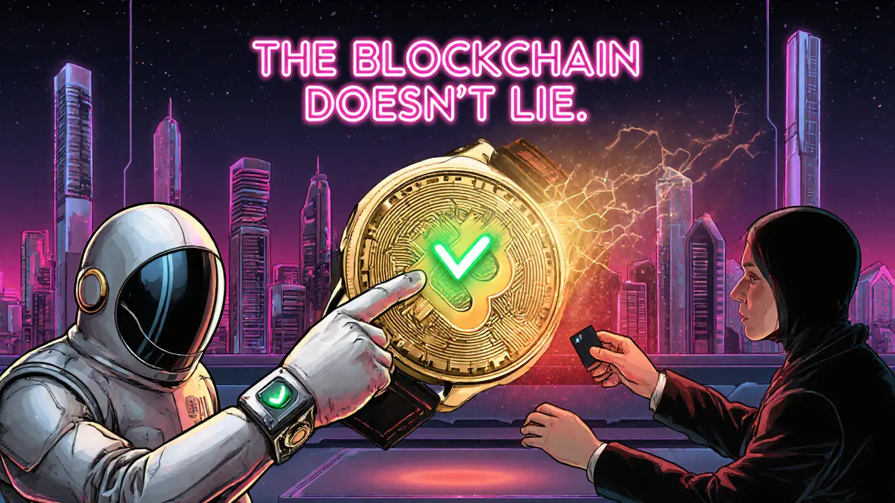 A luxury watch fused with an NFT token, glowing under a neon sign that says &#039;The Blockchain Doesn’t Lie.&#039;