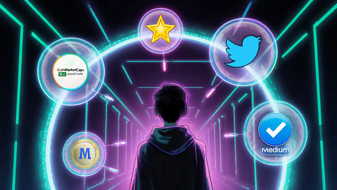 Avatar completes six holographic tasks with icons for CoinMarketCap, Twitter, Telegram, and Medium.