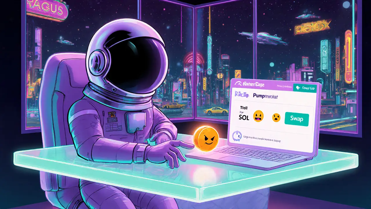 Cartoon astronaut using Phantom wallet to swap SOL for RAGE on PumpSwap.