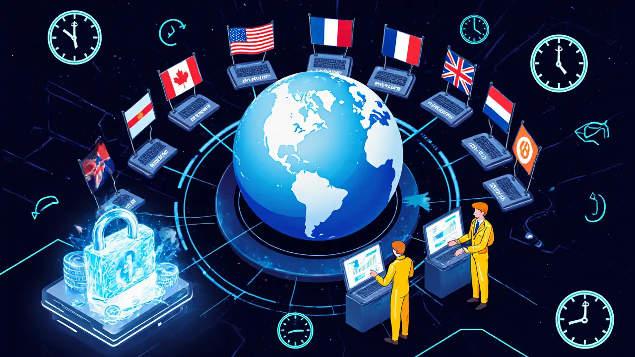 Cartoon team of nations freezing stolen crypto with holographic blockchain tools.